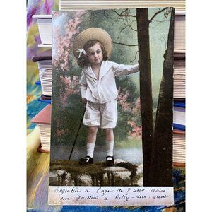 Antique French Postcard Little Sailor Boy Birthday RPPC Hand Tinted Landscape